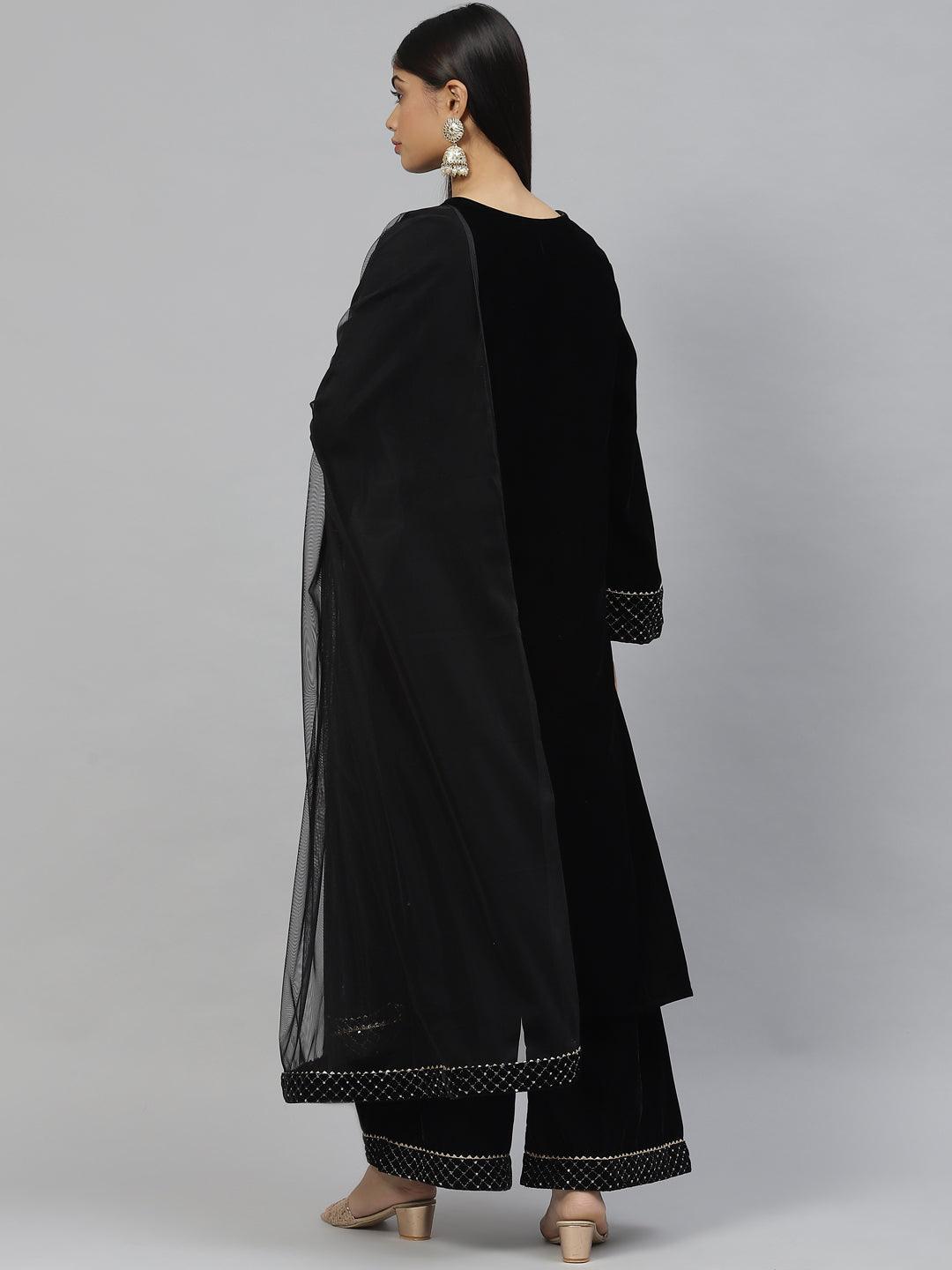 Black Velvet Hand Work Kurta Pant With Net Dupatta Set | LASVINI - Redefining Indian Fashion with Elegance