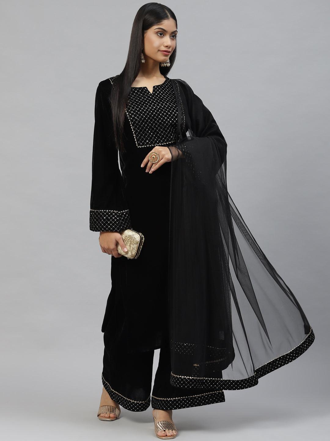 Black Velvet Hand Work Kurta Pant With Net Dupatta Set | LASVINI - Redefining Indian Fashion with Elegance