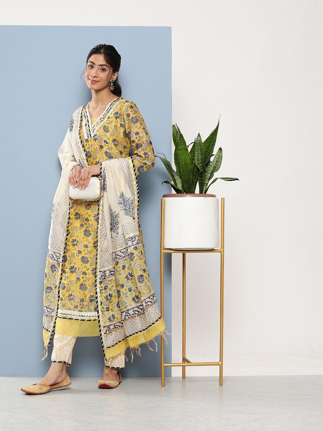 Yellow Pure Chanderi Kurta Pant Set With Dupatta | LASVINI - Redefining Indian Fashion with Elegance