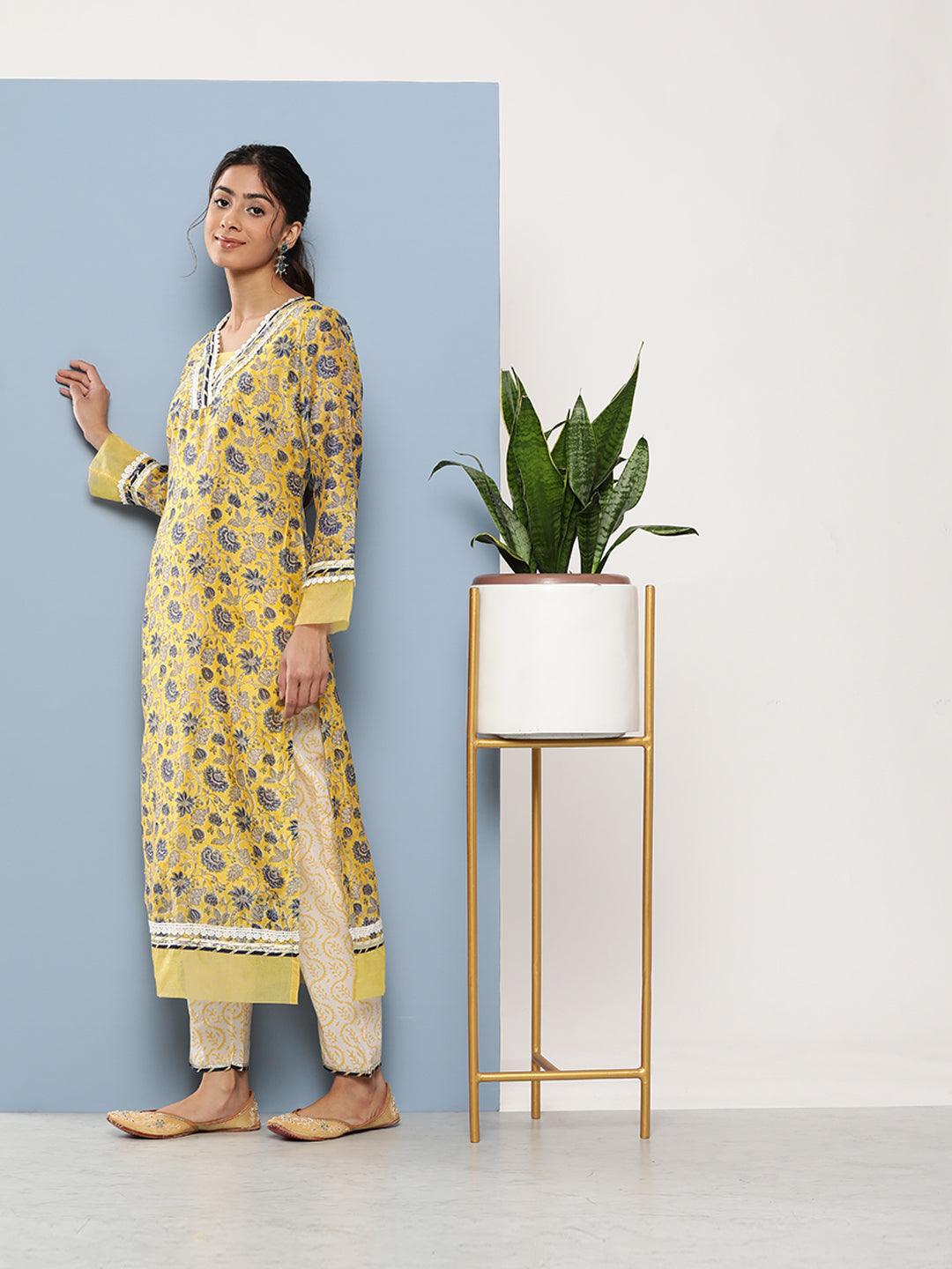Yellow Pure Chanderi Kurta Pant Set With Dupatta | LASVINI - Redefining Indian Fashion with Elegance