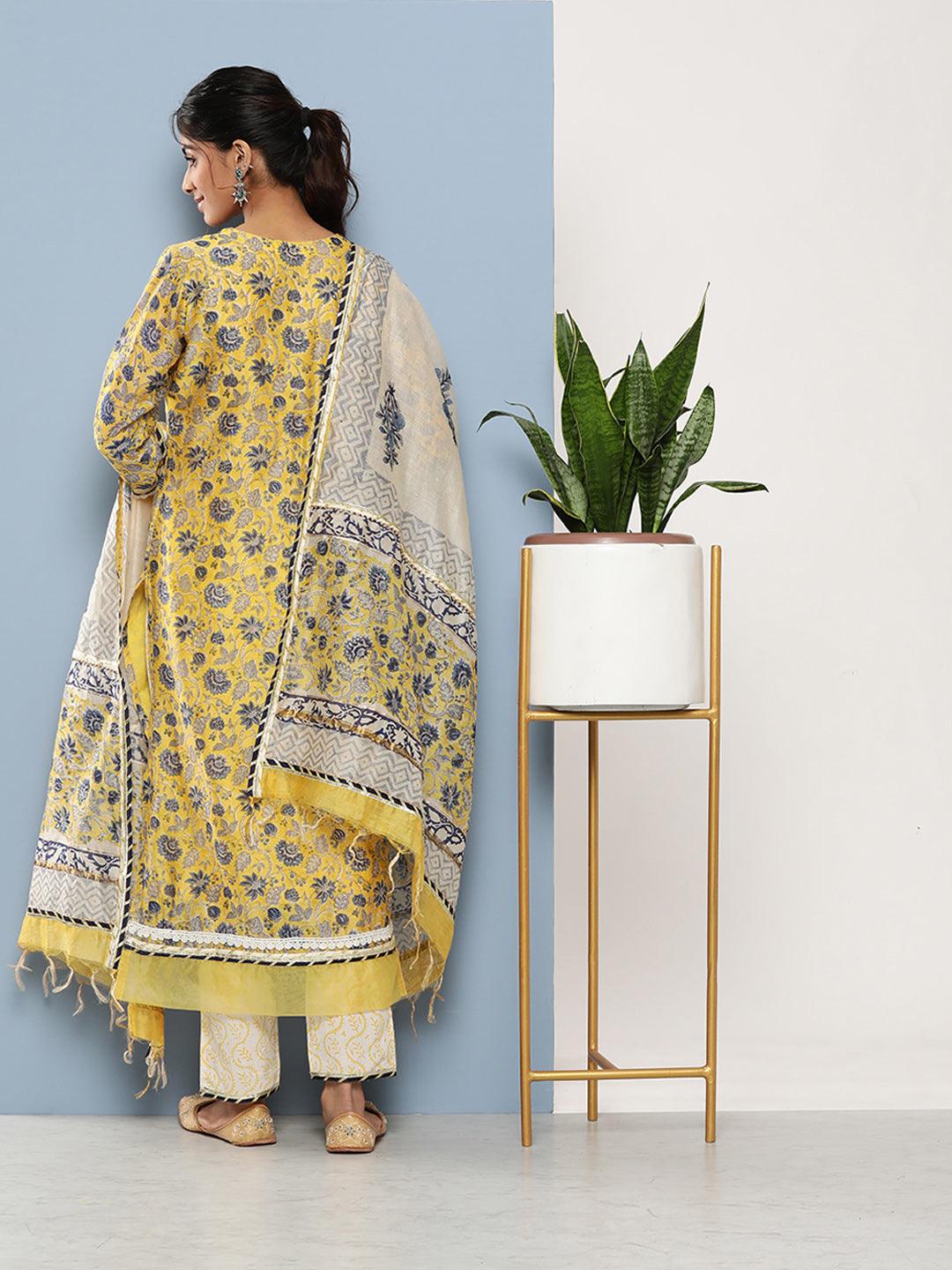 Yellow Pure Chanderi Kurta Pant Set With Dupatta | LASVINI - Redefining Indian Fashion with Elegance
