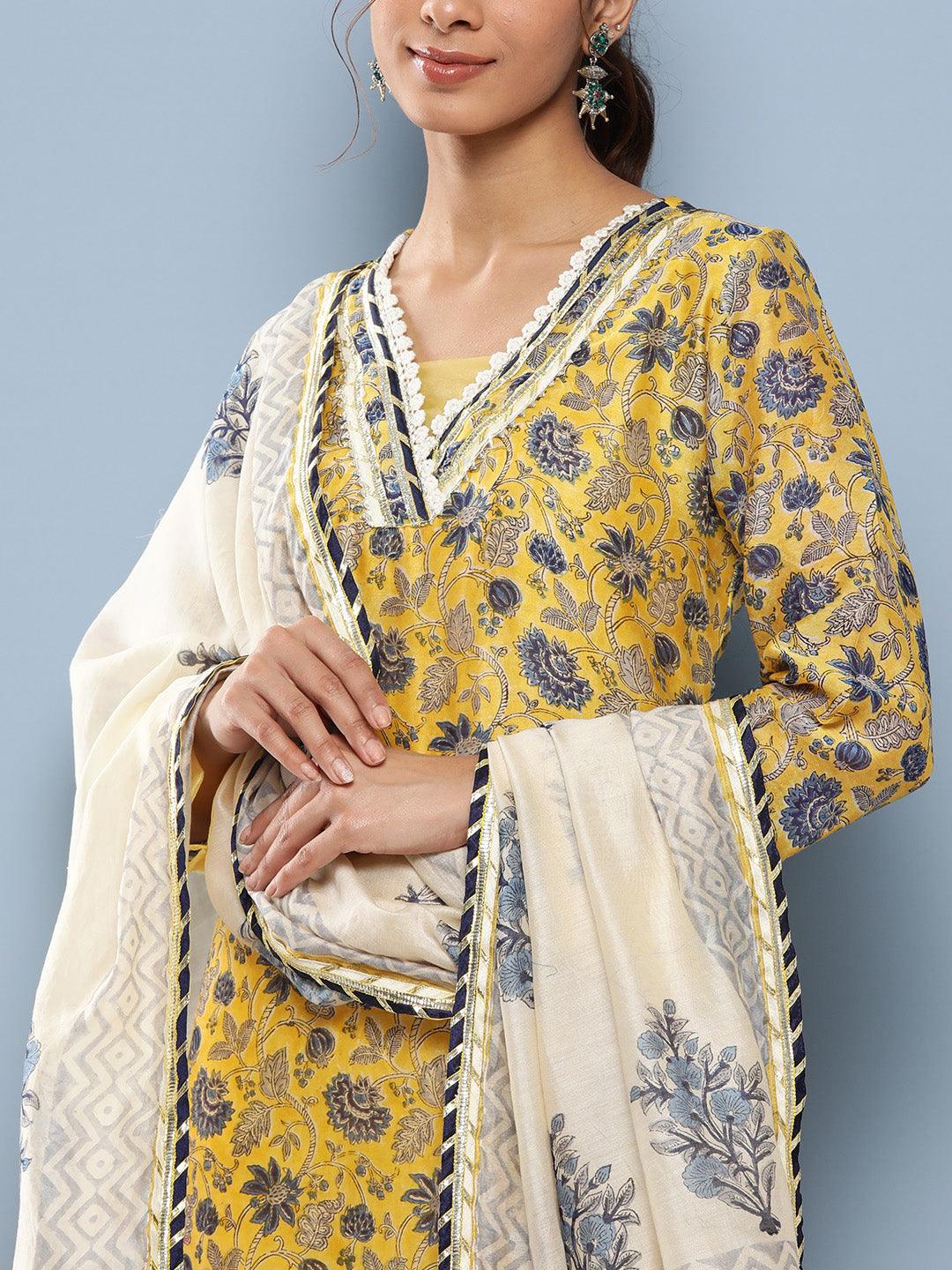 Yellow Pure Chanderi Kurta Pant Set With Dupatta | LASVINI - Redefining Indian Fashion with Elegance