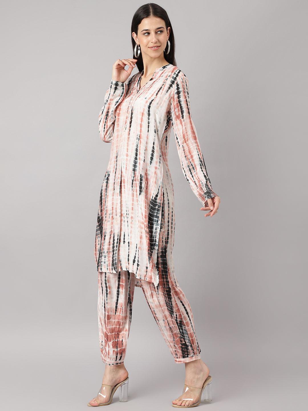 Cream Muslin Tie And Dye Kurta With Ham Cuffed Pant Set | LASVINI - Redefining Indian Fashion with Elegance