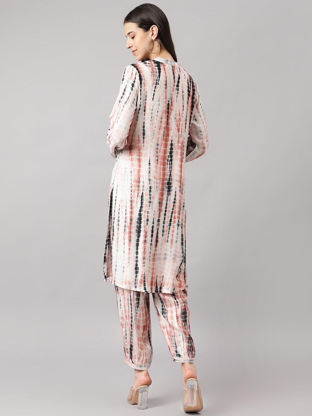 Cream Muslin Tie And Dye Kurta With Ham Cuffed Pant Set | LASVINI - Redefining Indian Fashion with Elegance
