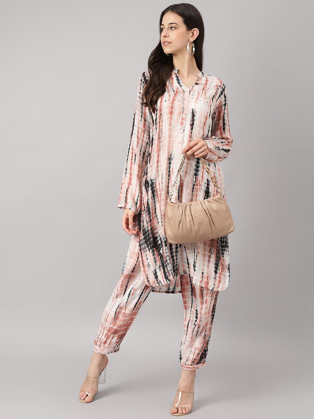 Cream Muslin Tie And Dye Kurta With Ham Cuffed Pant Set | LASVINI - Redefining Indian Fashion with Elegance