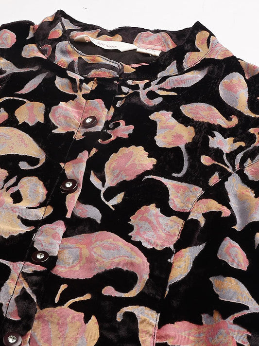 Black Floral Burn Out Velvet A-Line Shirts Style Top | LASVINI - Redefining Indian Fashion with Elegance