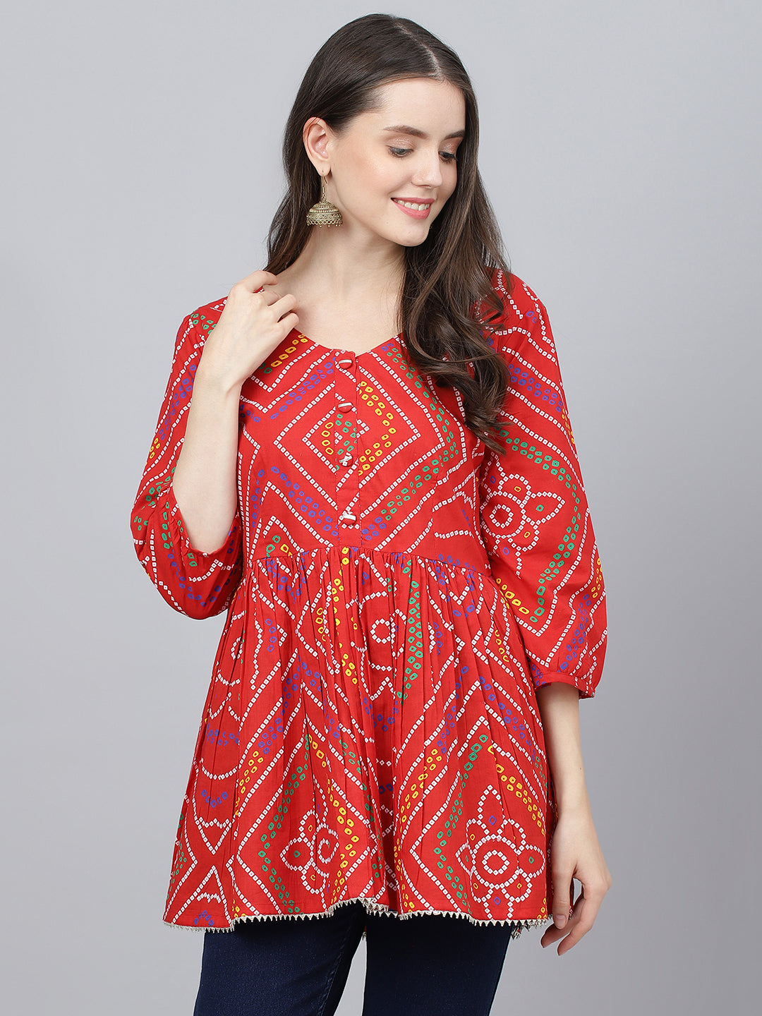 Women Red Bandhani Printed Cotton Peplum Top | LASVINI - Redefining Indian Fashion with Elegance