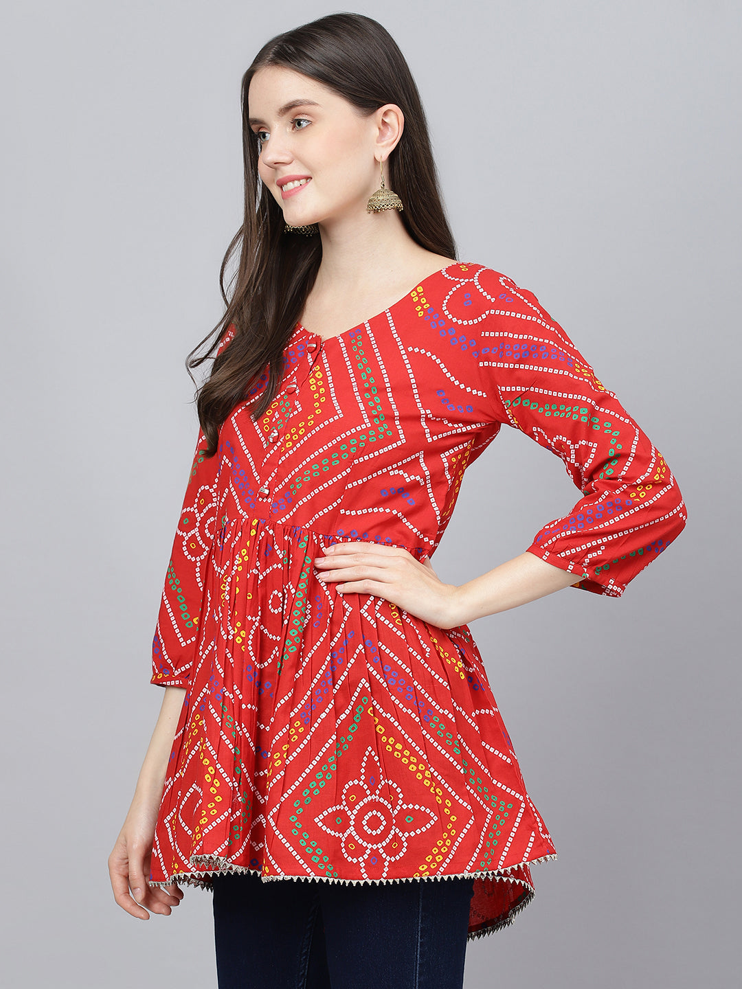Women Red Bandhani Printed Cotton Peplum Top | LASVINI - Redefining Indian Fashion with Elegance