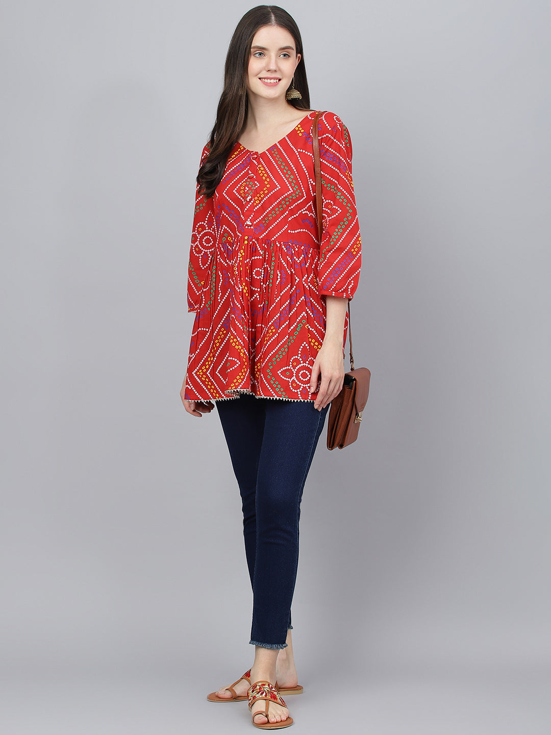 Women Red Bandhani Printed Cotton Peplum Top | LASVINI - Redefining Indian Fashion with Elegance