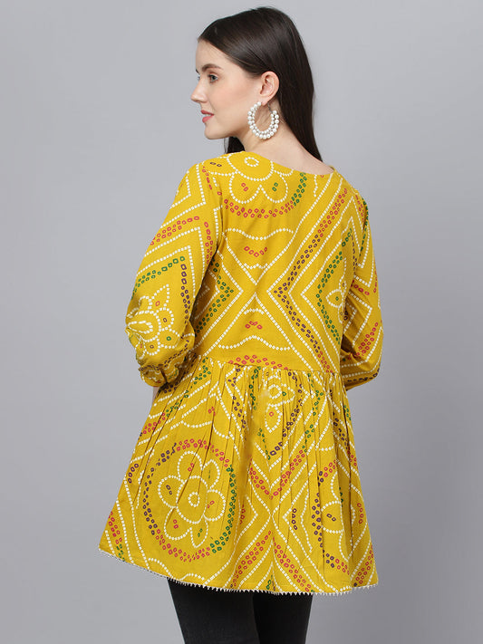 Women Mustard Bandhani Printed Cotton Peplum Top | LASVINI - Redefining Indian Fashion with Elegance