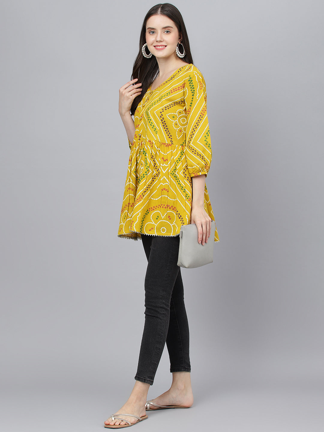 Women Mustard Bandhani Printed Cotton Peplum Top | LASVINI - Redefining Indian Fashion with Elegance