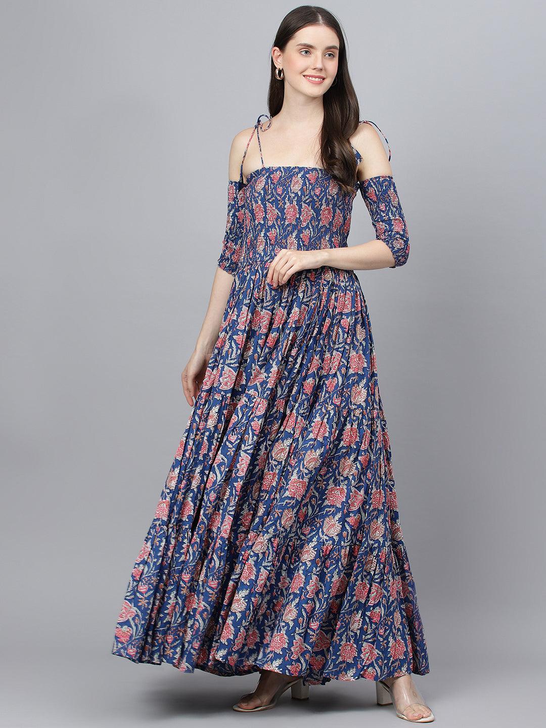 Blue Floral Printed Shoulder Strips Flared Long Dress | LASVINI - Redefining Indian Fashion with Elegance