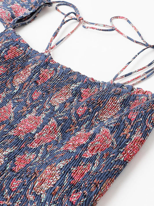 Blue Floral Printed Shoulder Strips Flared Long Dress | LASVINI - Redefining Indian Fashion with Elegance