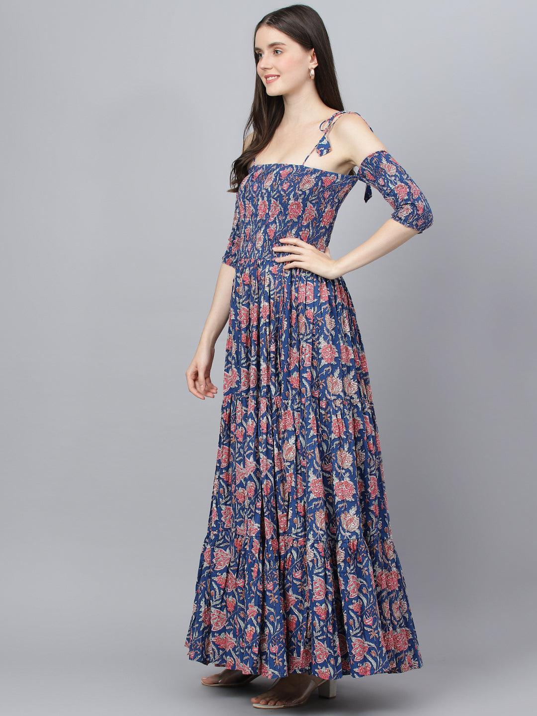 Blue Floral Printed Shoulder Strips Flared Long Dress | LASVINI - Redefining Indian Fashion with Elegance