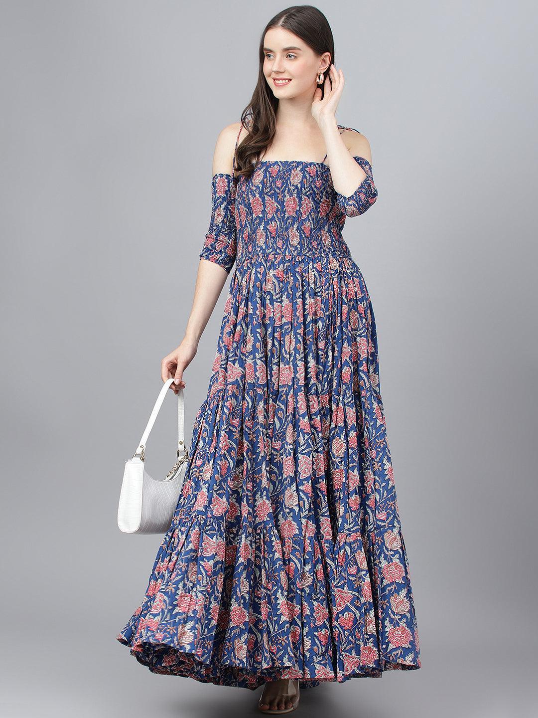Blue Floral Printed Shoulder Strips Flared Long Dress | LASVINI - Redefining Indian Fashion with Elegance