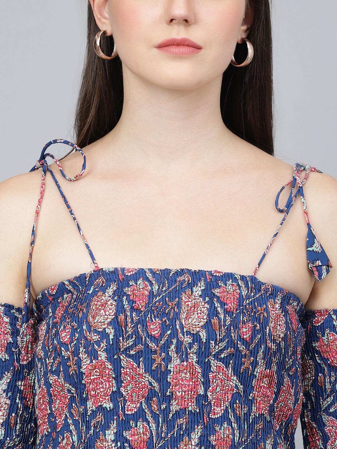 Blue Floral Printed Shoulder Strips Flared Long Dress | LASVINI - Redefining Indian Fashion with Elegance