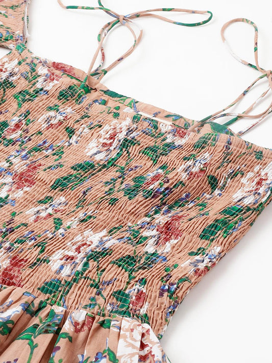 Peach Floral Printed Shoulder Strips Flared Long Dress | LASVINI - Redefining Indian Fashion with Elegance