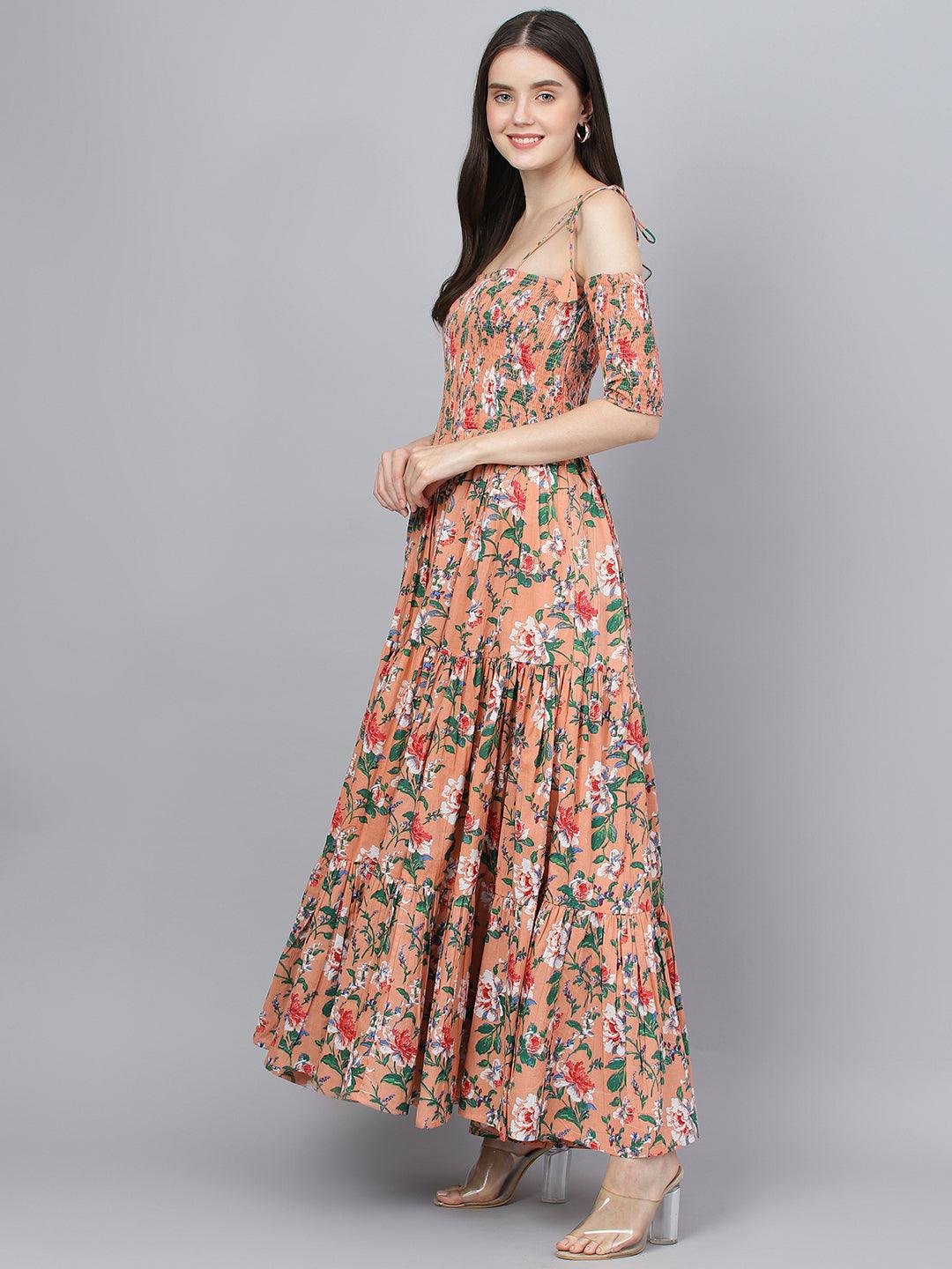 Peach Floral Printed Shoulder Strips Flared Long Dress | LASVINI - Redefining Indian Fashion with Elegance