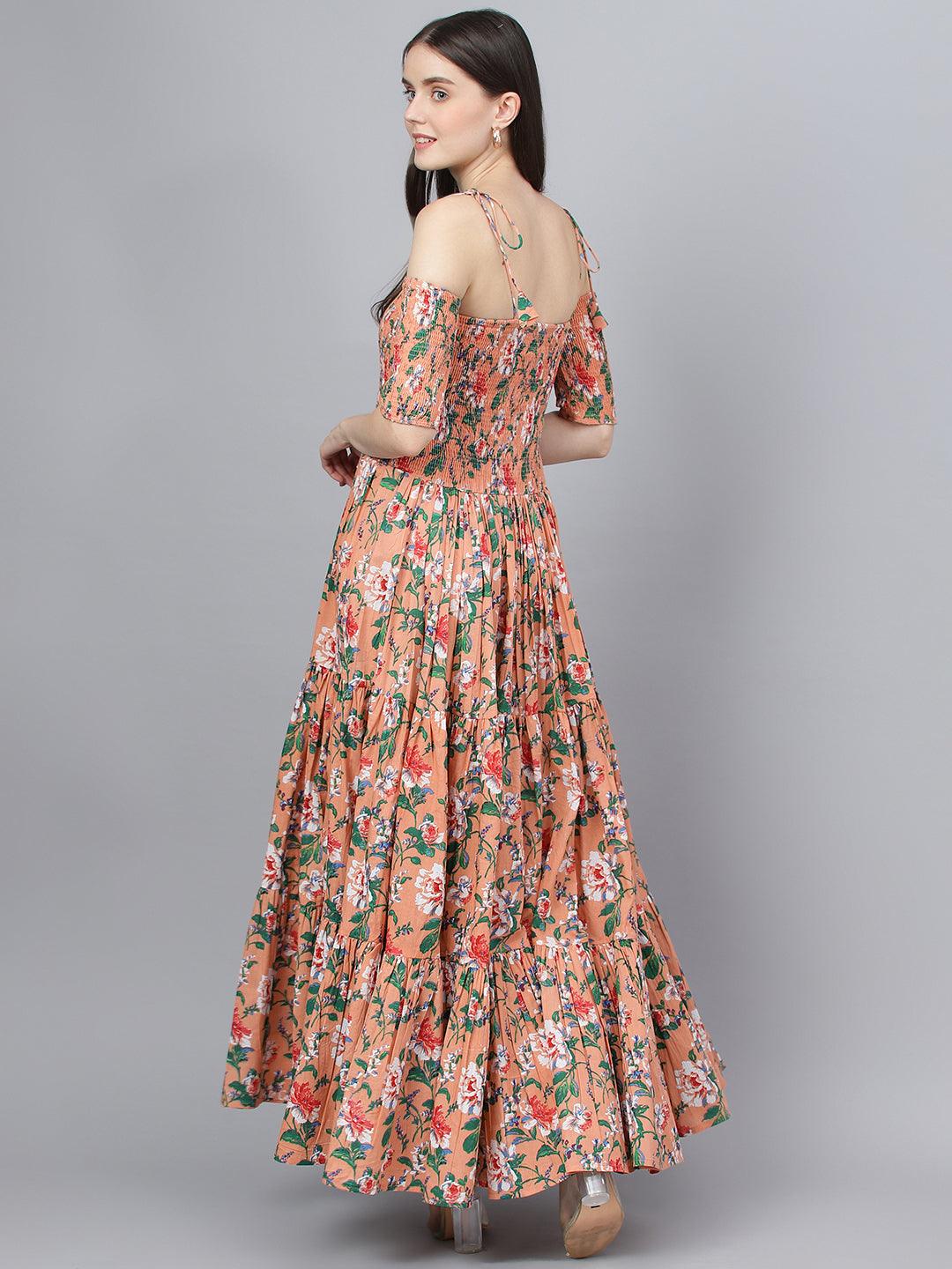 Peach Floral Printed Shoulder Strips Flared Long Dress | LASVINI - Redefining Indian Fashion with Elegance