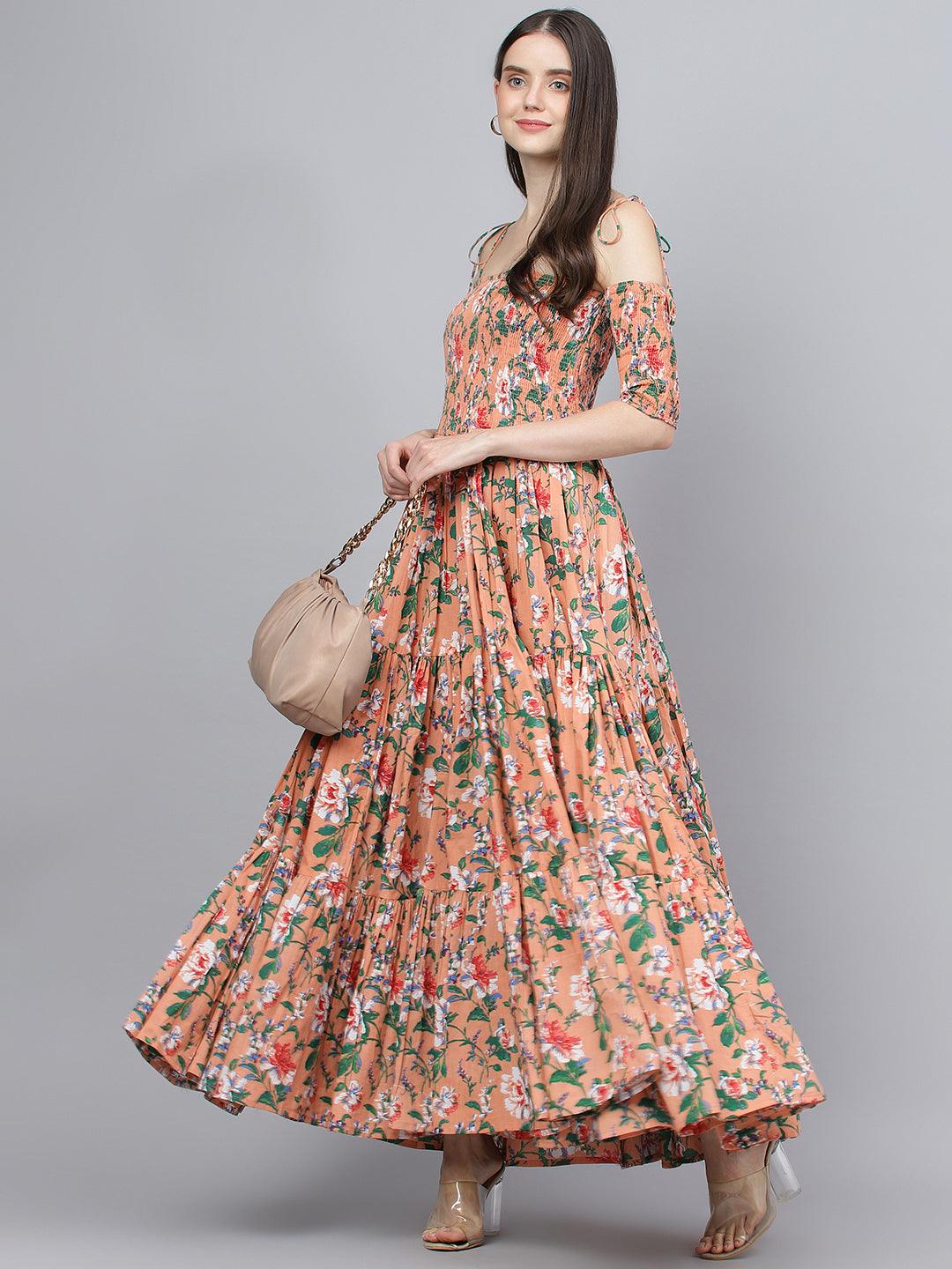 Peach Floral Printed Shoulder Strips Flared Long Dress | LASVINI - Redefining Indian Fashion with Elegance