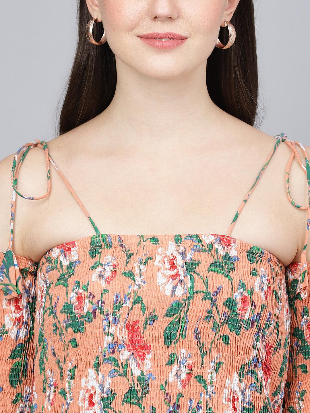 Peach Floral Printed Shoulder Strips Flared Long Dress | LASVINI - Redefining Indian Fashion with Elegance