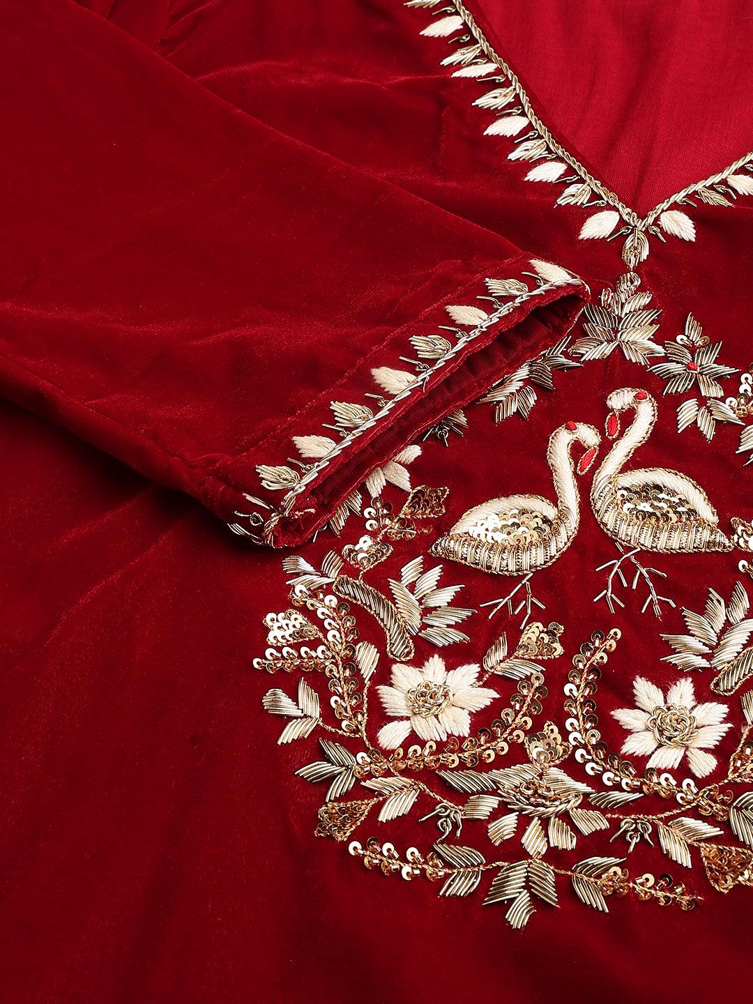 Maroon Solid Velvet Hand Work Kurta Pant With Organza Dupatta Set | LASVINI - Redefining Indian Fashion with Elegance