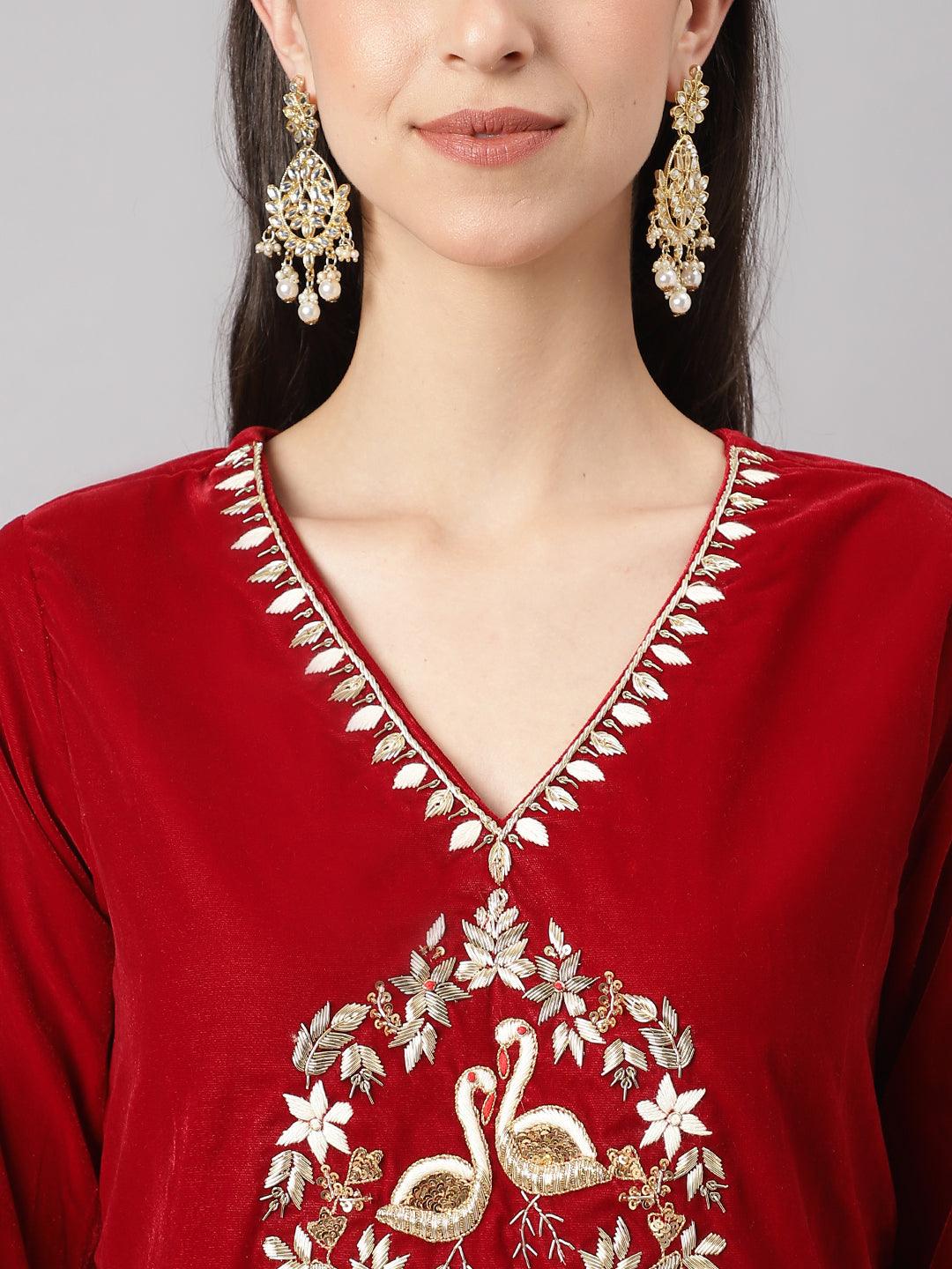 Maroon Solid Velvet Hand Work Kurta Pant With Organza Dupatta Set | LASVINI - Redefining Indian Fashion with Elegance