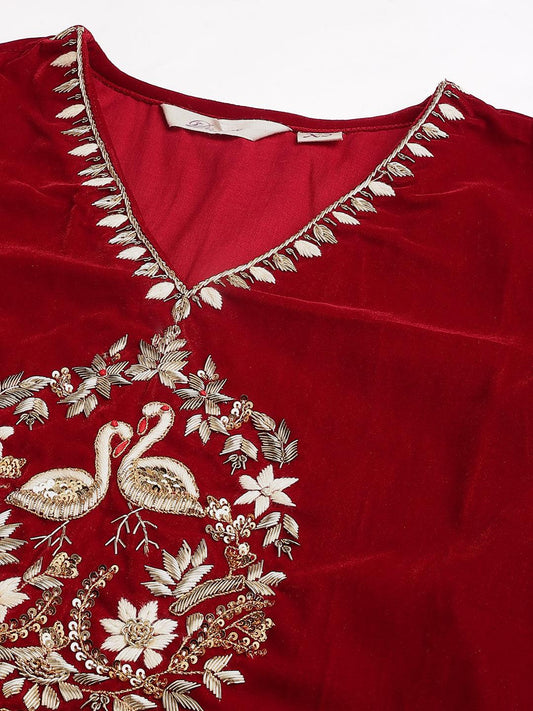 Maroon Solid Velvet Hand Work Kurta Pant With Organza Dupatta Set | LASVINI - Redefining Indian Fashion with Elegance