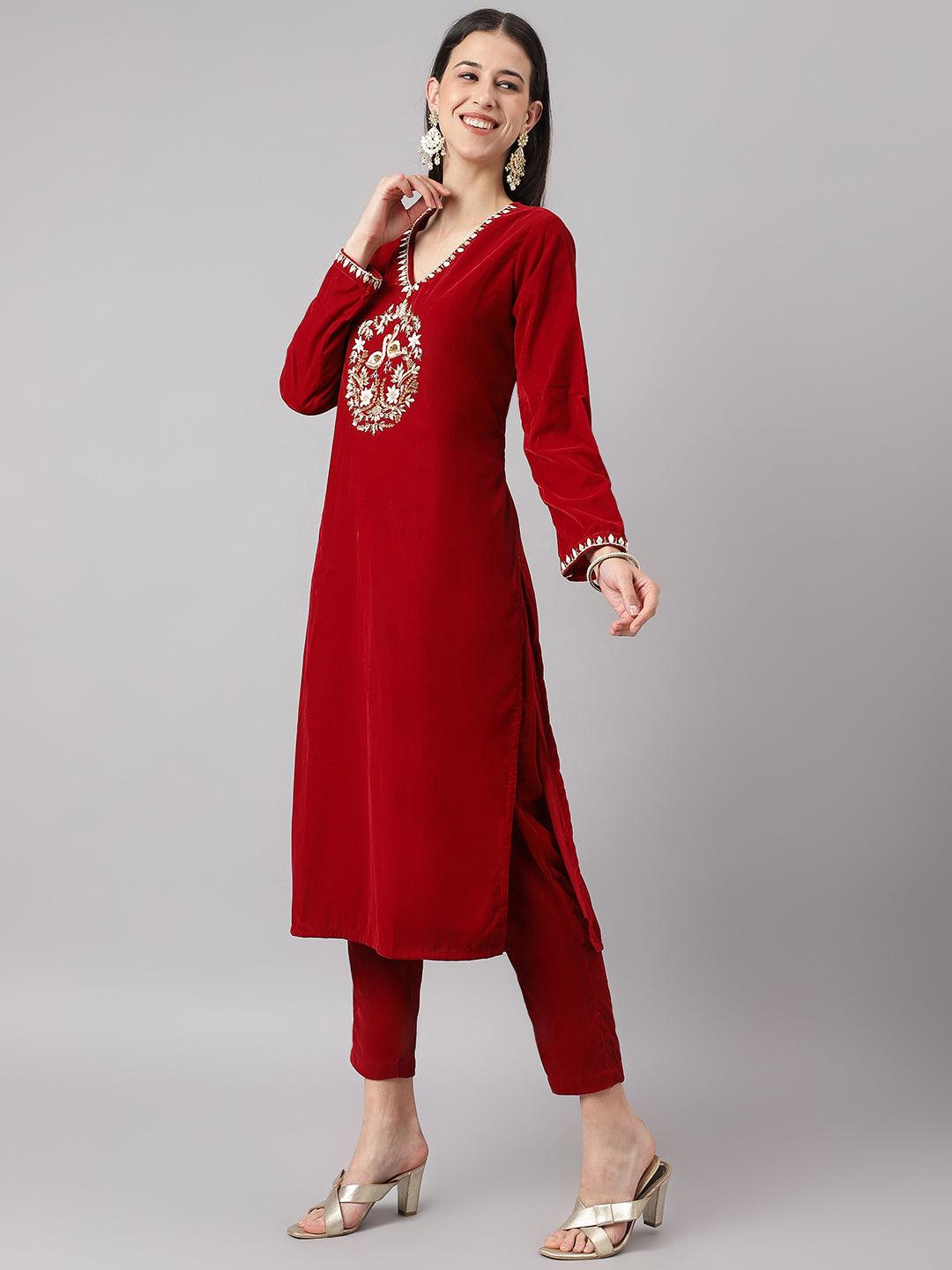 Maroon Solid Velvet Hand Work Kurta Pant With Organza Dupatta Set | LASVINI - Redefining Indian Fashion with Elegance