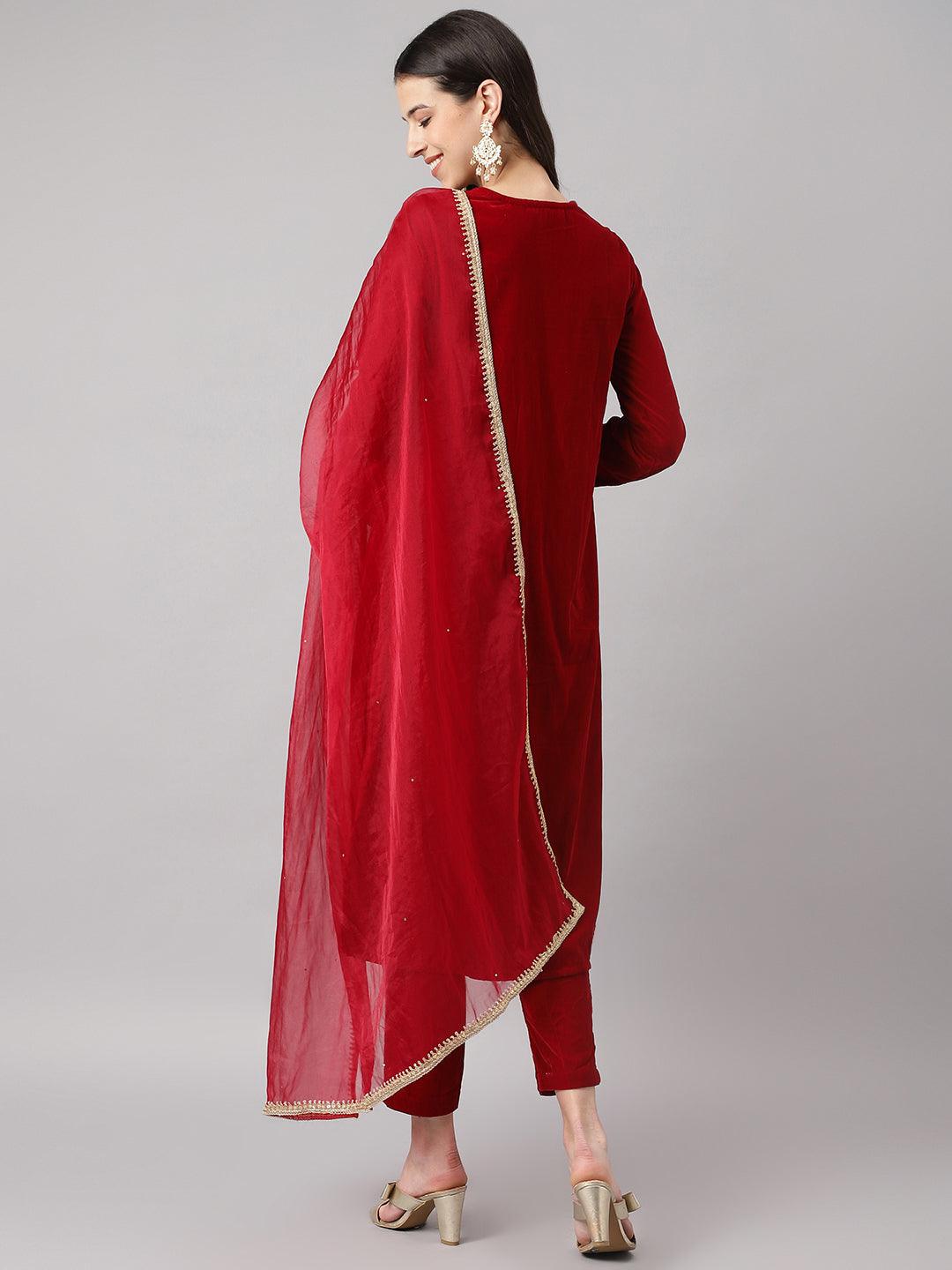 Maroon Solid Velvet Hand Work Kurta Pant With Organza Dupatta Set | LASVINI - Redefining Indian Fashion with Elegance