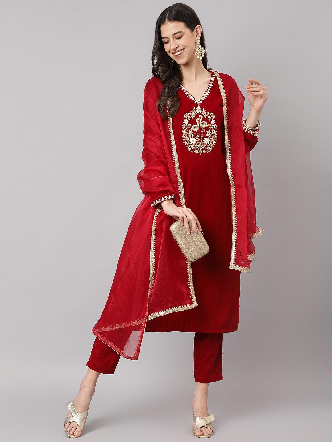 Maroon Solid Velvet Hand Work Kurta Pant With Organza Dupatta Set | LASVINI - Redefining Indian Fashion with Elegance