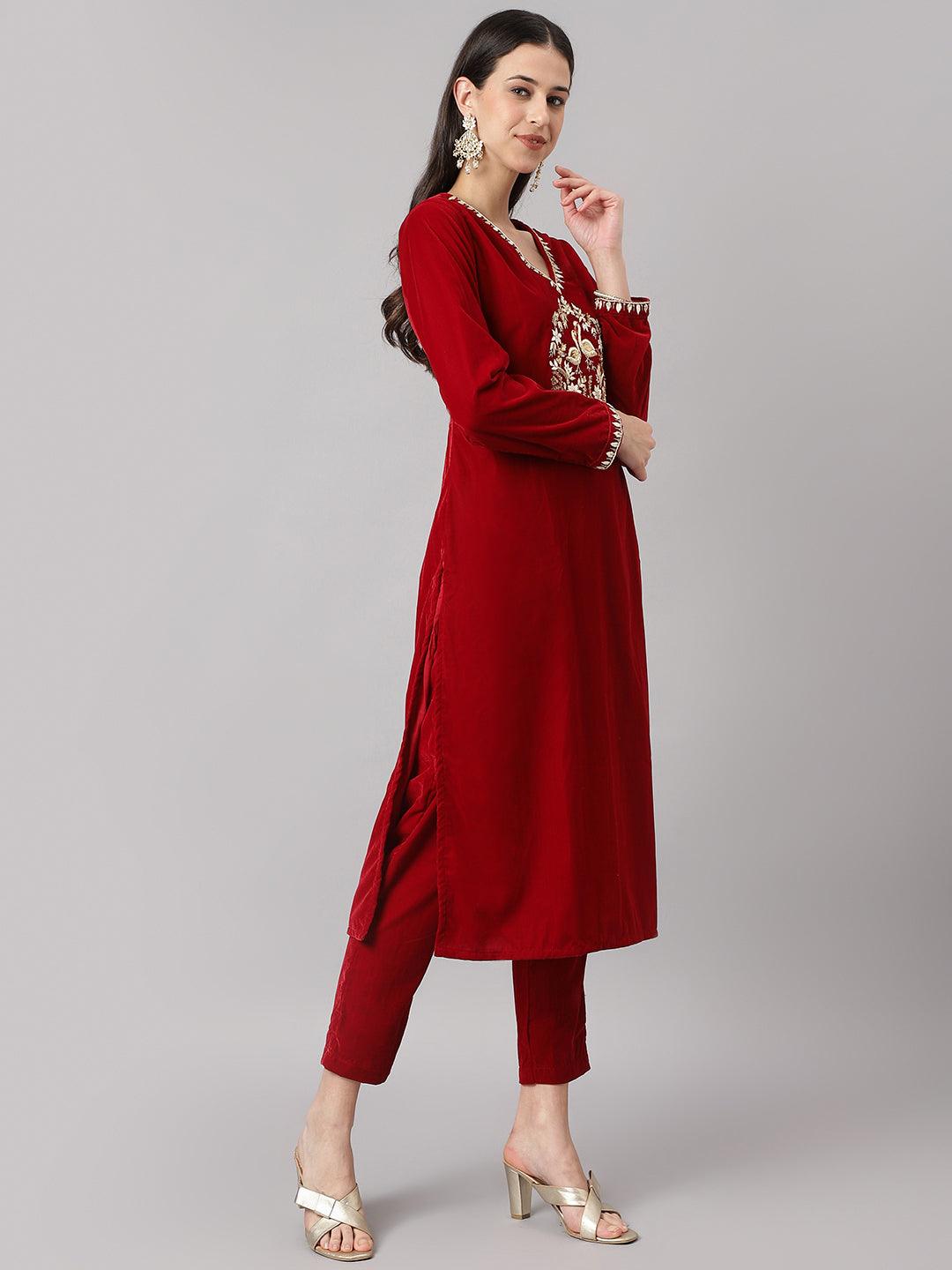 Maroon Solid Velvet Hand Work Kurta Pant With Organza Dupatta Set | LASVINI - Redefining Indian Fashion with Elegance