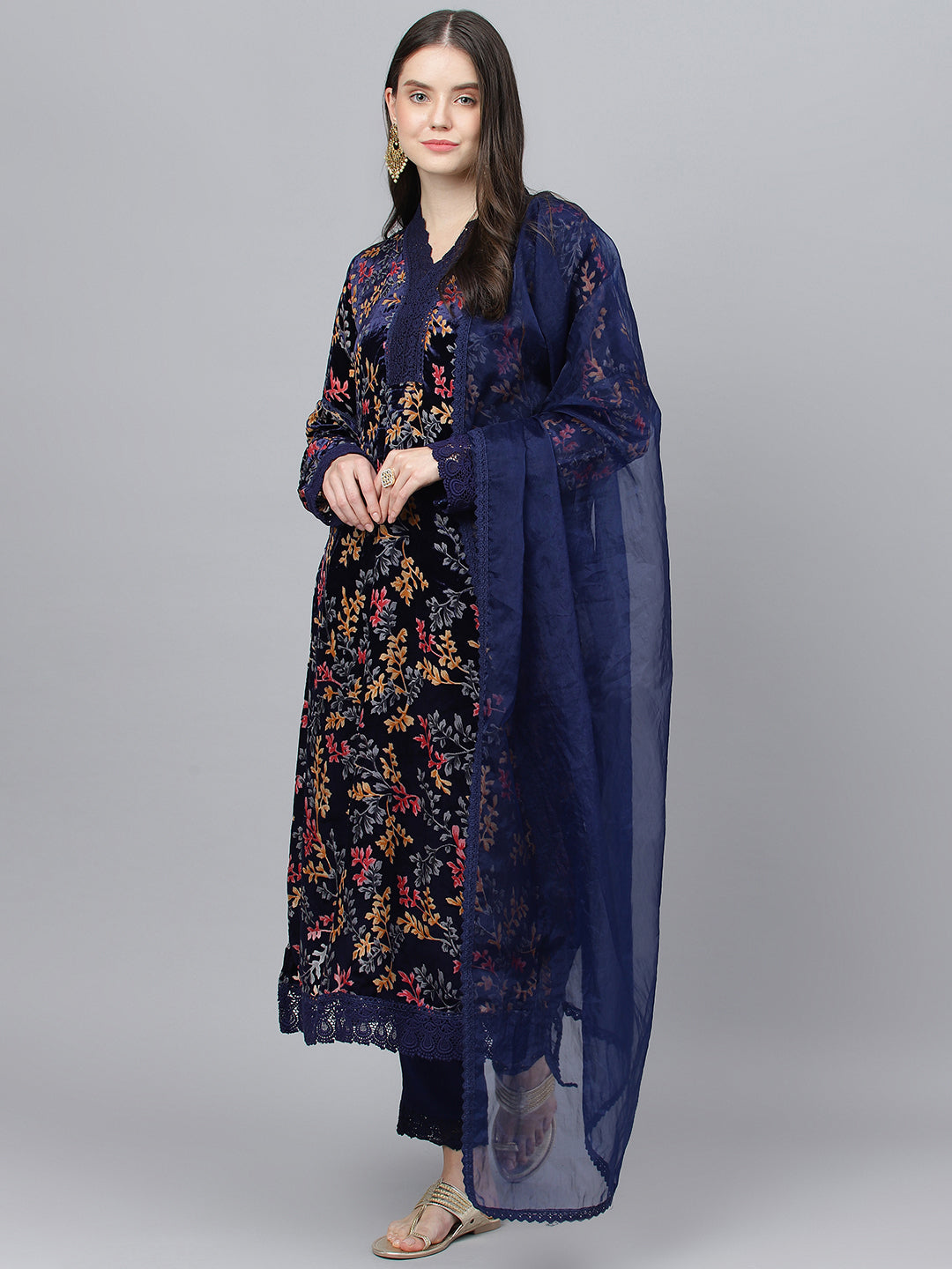 Women Blue Floral Burn Out Valvet Kurta Pant With Organza Dupatta Set | LASVINI - Redefining Indian Fashion with Elegance