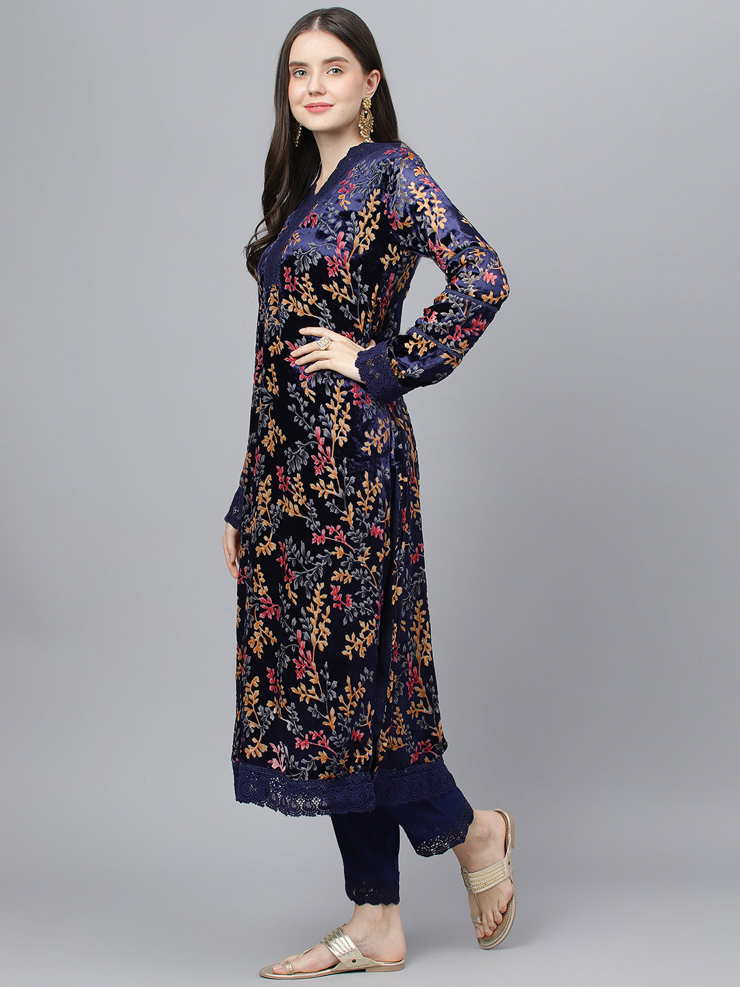 Women Blue Floral Burn Out Valvet Kurta Pant With Organza Dupatta Set | LASVINI - Redefining Indian Fashion with Elegance