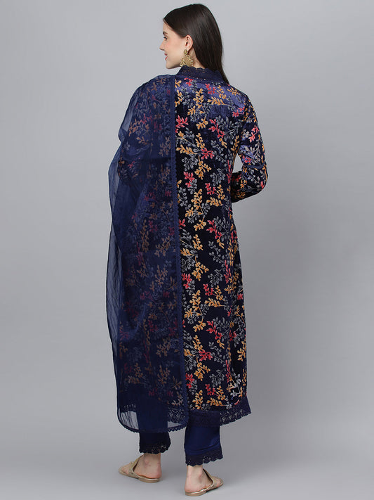 Women Blue Floral Burn Out Valvet Kurta Pant With Organza Dupatta Set | LASVINI - Redefining Indian Fashion with Elegance