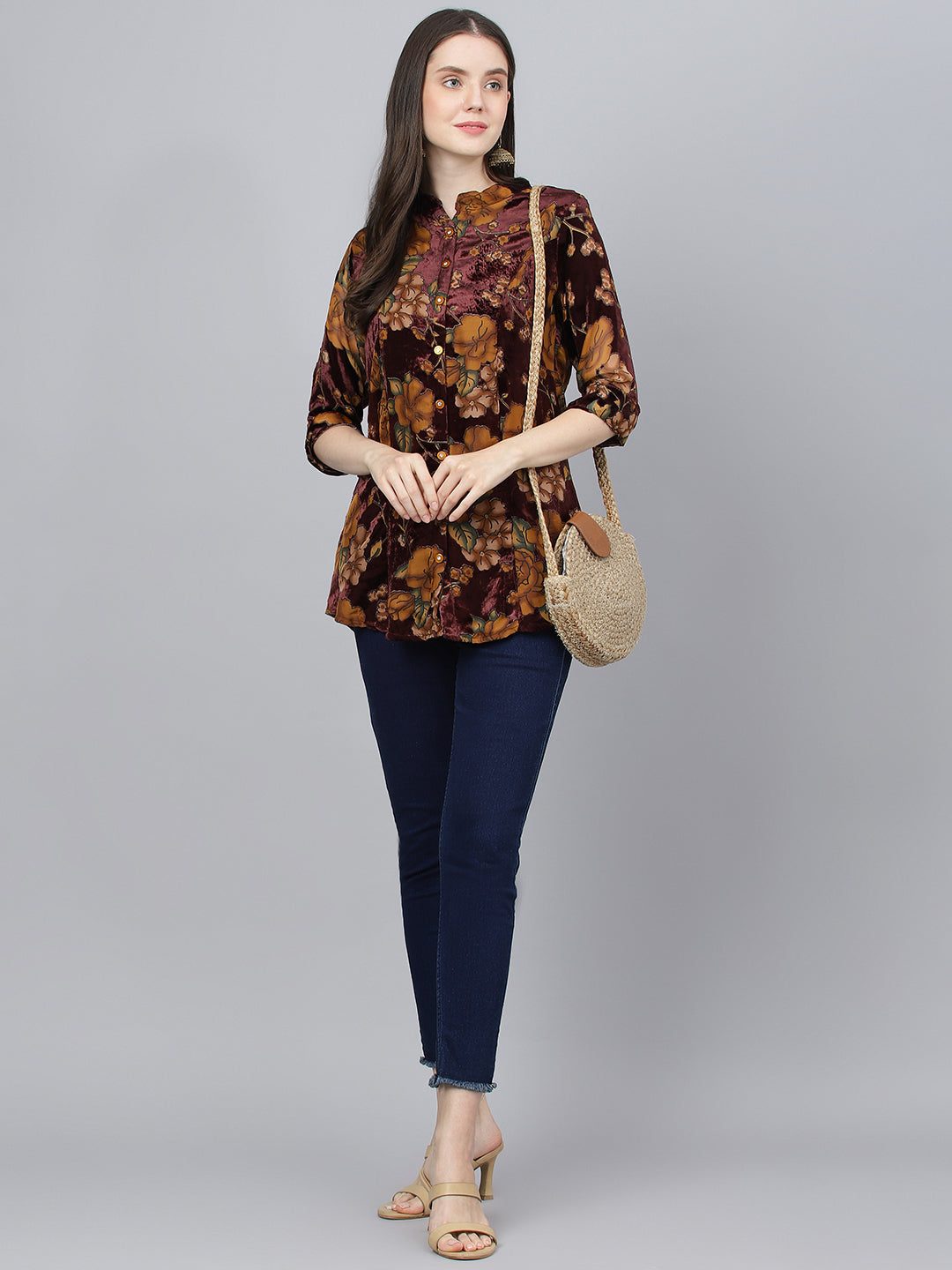 Women Wine Floral Burn Out Valvet A-Line Shirts Style Top | LASVINI - Redefining Indian Fashion with Elegance