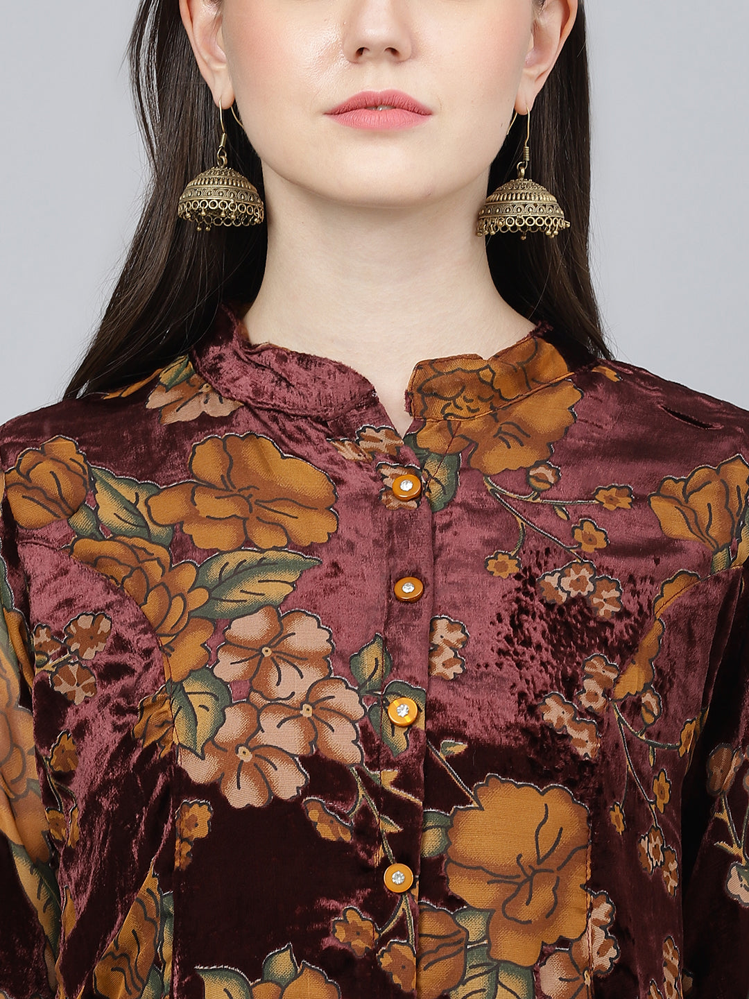 Women Wine Floral Burn Out Valvet A-Line Shirts Style Top | LASVINI - Redefining Indian Fashion with Elegance