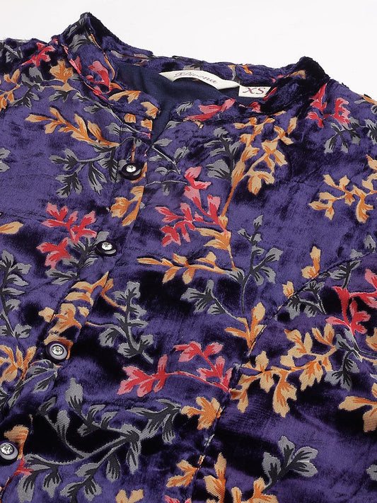 Blue Floral Burn Out Velvet A-Line Shirts Style Top | LASVINI - Redefining Indian Fashion with Elegance
