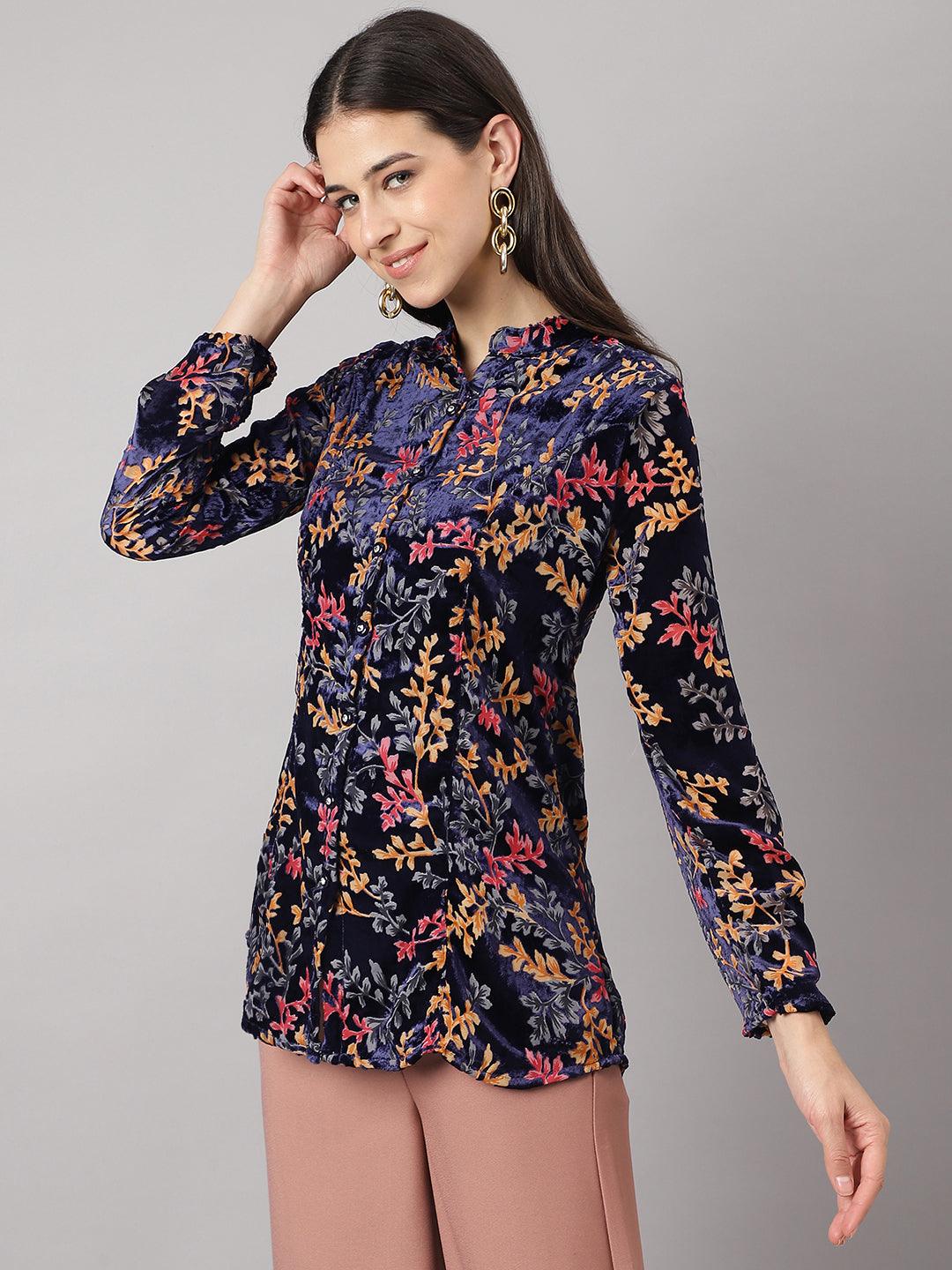Blue Floral Burn Out Velvet A-Line Shirts Style Top | LASVINI - Redefining Indian Fashion with Elegance