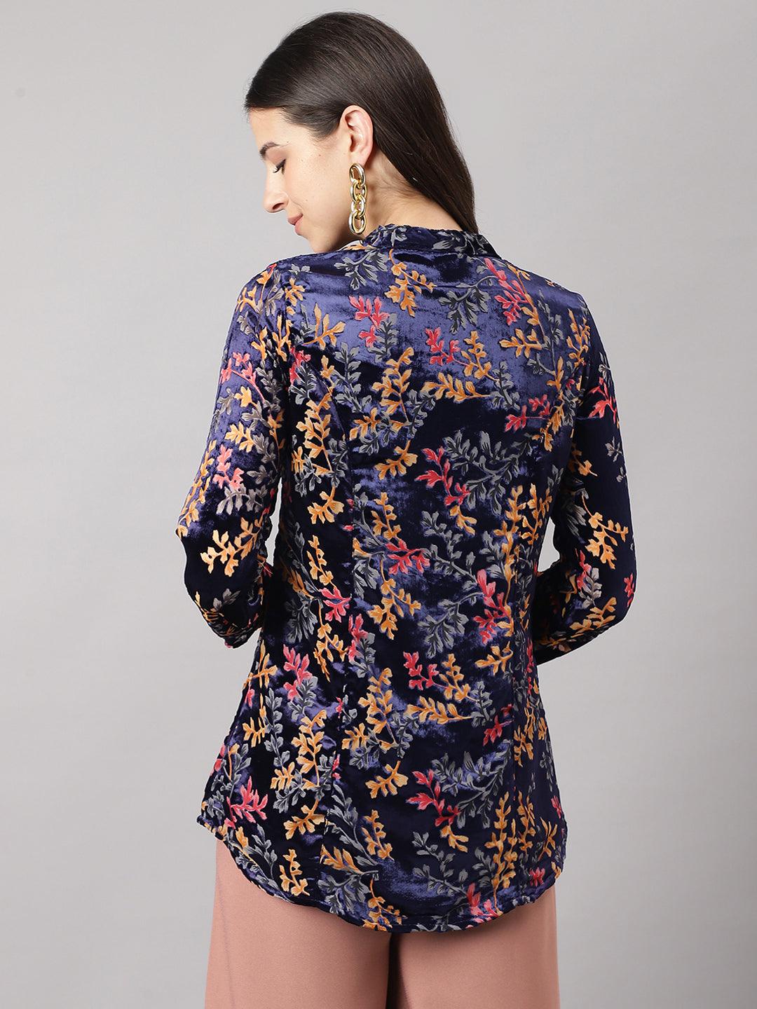 Blue Floral Burn Out Velvet A-Line Shirts Style Top | LASVINI - Redefining Indian Fashion with Elegance