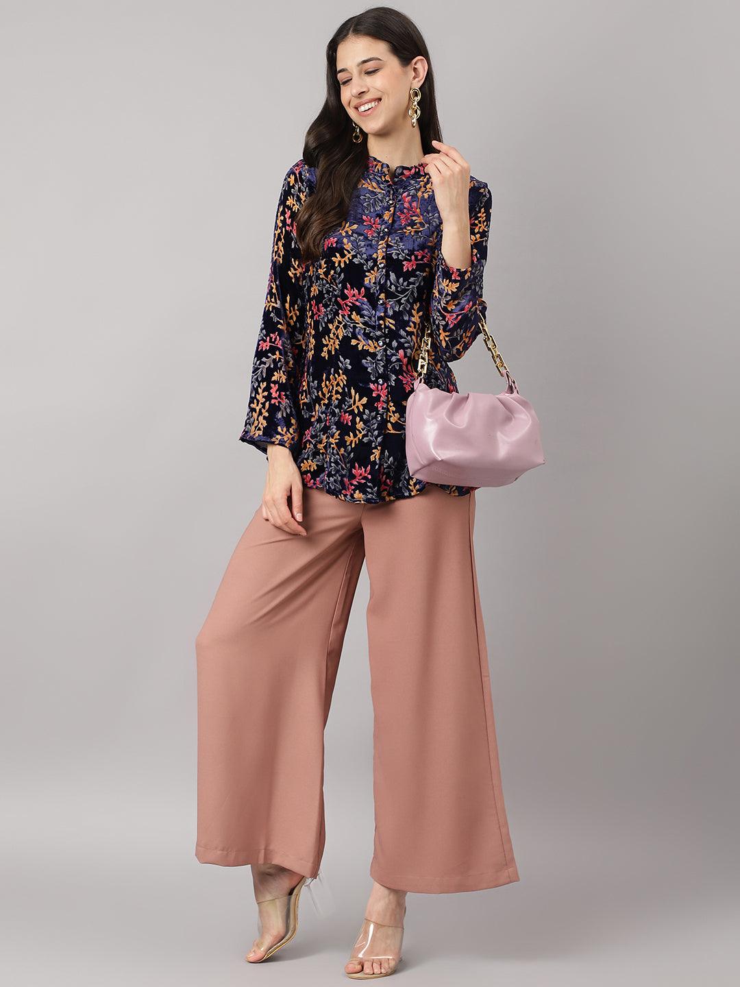 Blue Floral Burn Out Velvet A-Line Shirts Style Top | LASVINI - Redefining Indian Fashion with Elegance