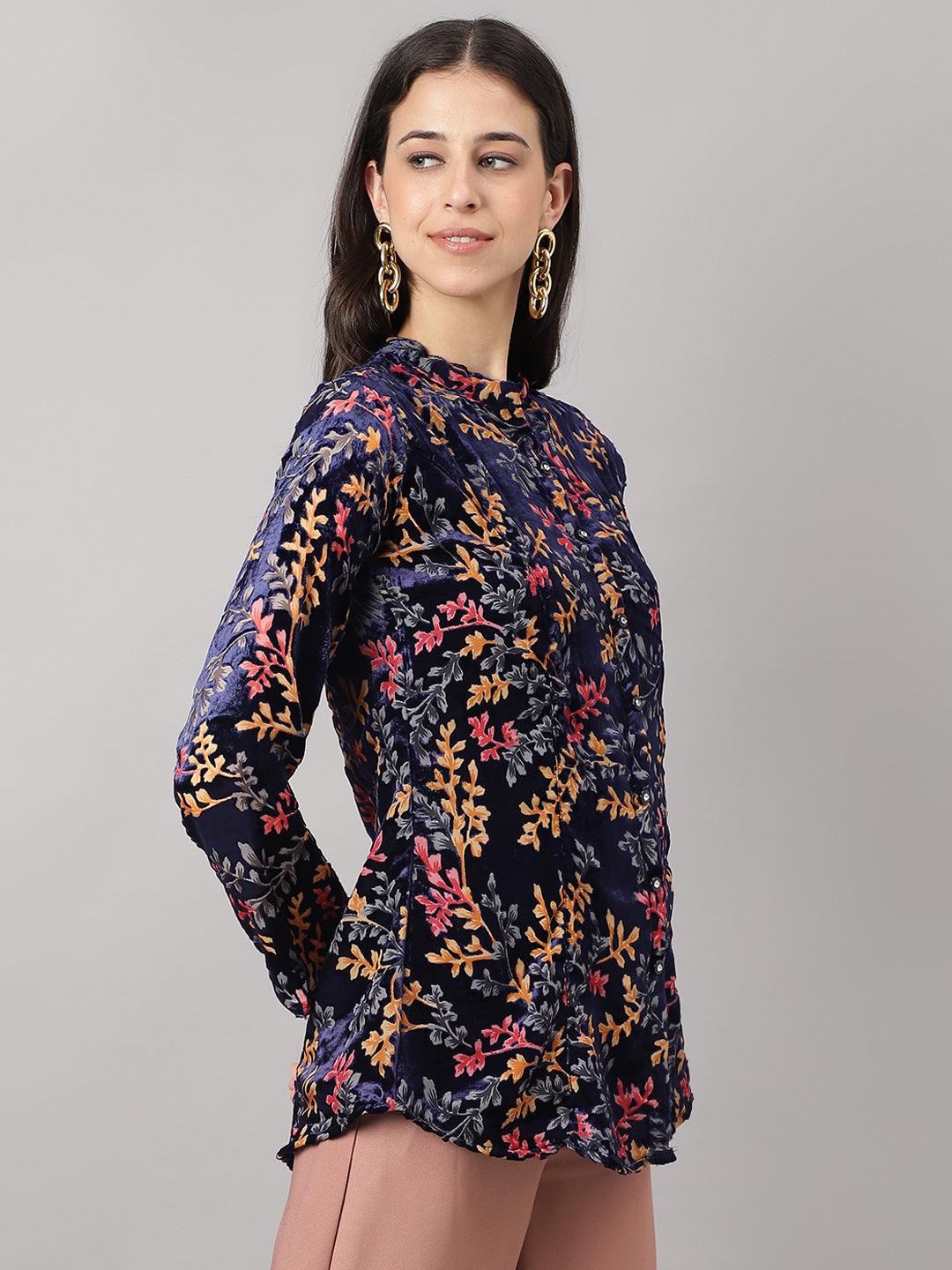 Blue Floral Burn Out Velvet A-Line Shirts Style Top | LASVINI - Redefining Indian Fashion with Elegance