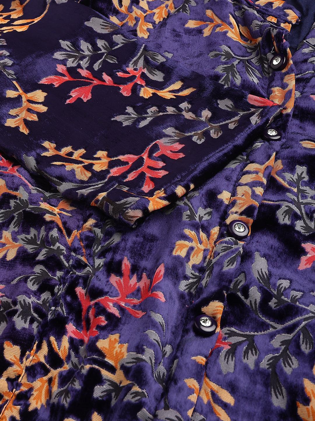 Blue Floral Burn Out Velvet A-Line Shirts Style Top | LASVINI - Redefining Indian Fashion with Elegance