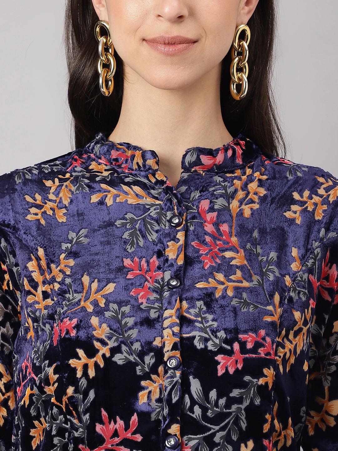 Blue Floral Burn Out Velvet A-Line Shirts Style Top | LASVINI - Redefining Indian Fashion with Elegance