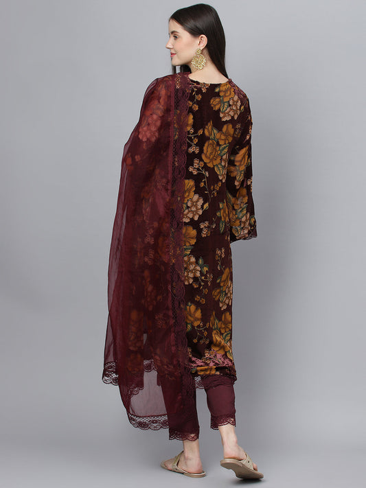 Women Wine Floral Burn Out Valvet Kurta Pant With Organza Dupatta Set | LASVINI - Redefining Indian Fashion with Elegance