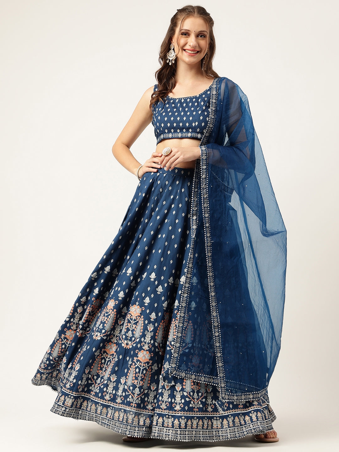 Blue Rayon Flared Lehenga Choli Set With Organza Dupatta | LASVINI - Redefining Indian Fashion with Elegance