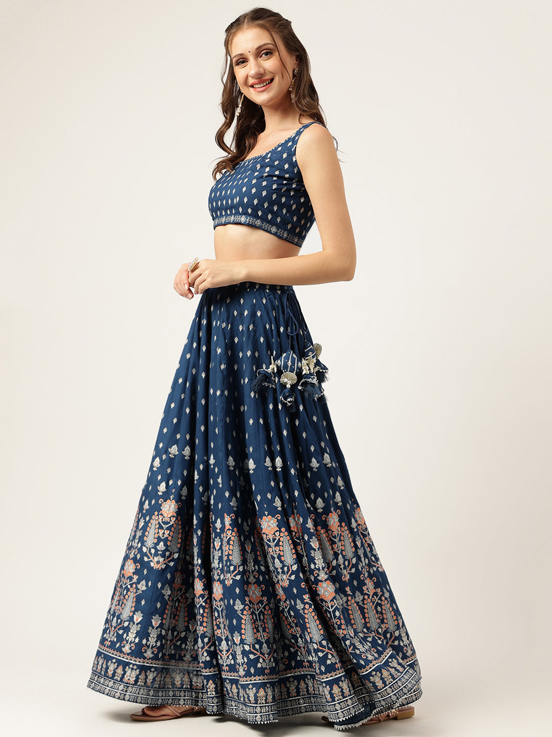 Blue Rayon Flared Lehenga Choli Set With Organza Dupatta | LASVINI - Redefining Indian Fashion with Elegance