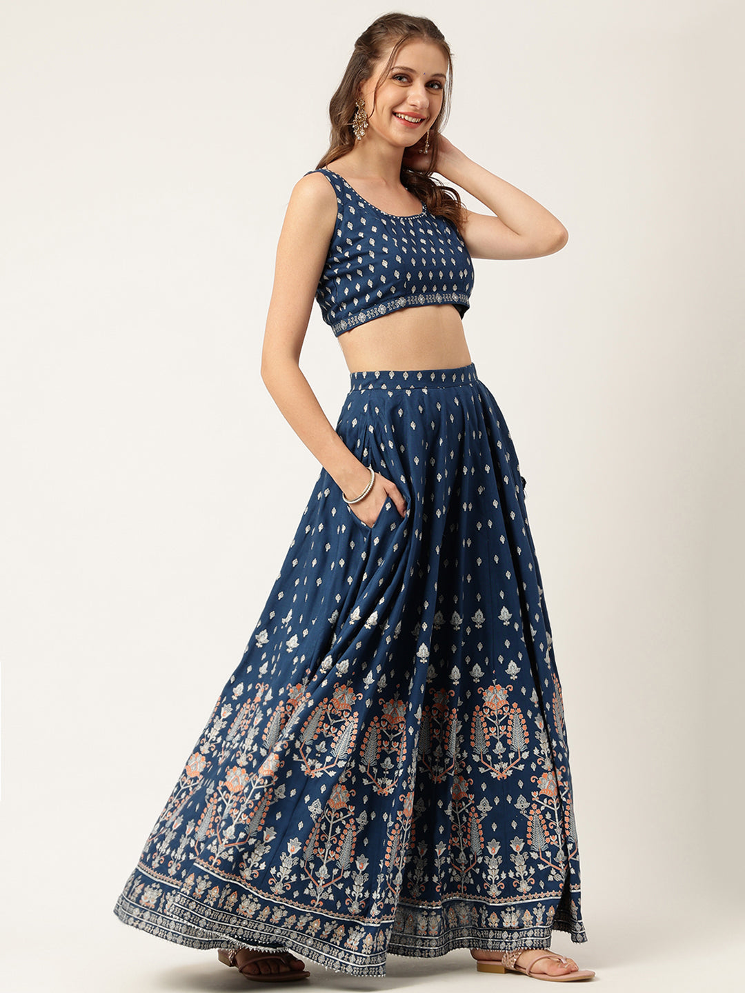 Blue Rayon Flared Lehenga Choli Set With Organza Dupatta | LASVINI - Redefining Indian Fashion with Elegance