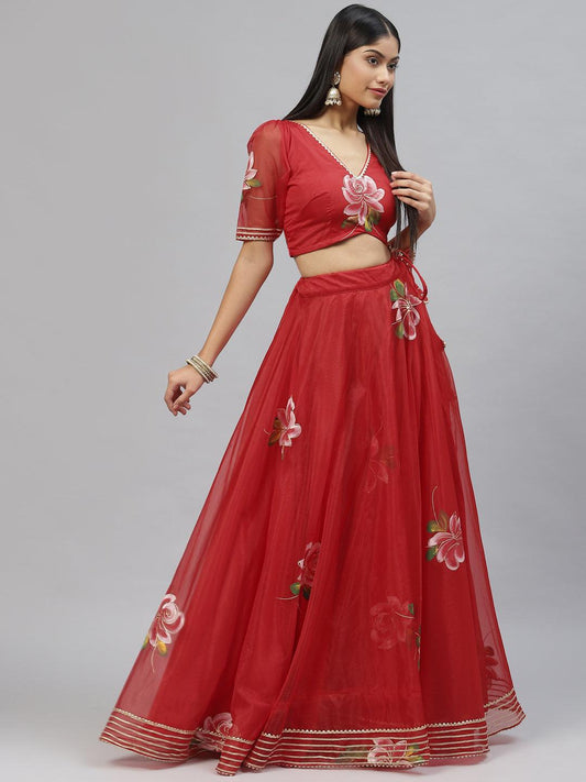 Red Hand Painted Organza Flared Lehenga Choli Set With Organza Dupatta | LASVINI - Redefining Indian Fashion with Elegance