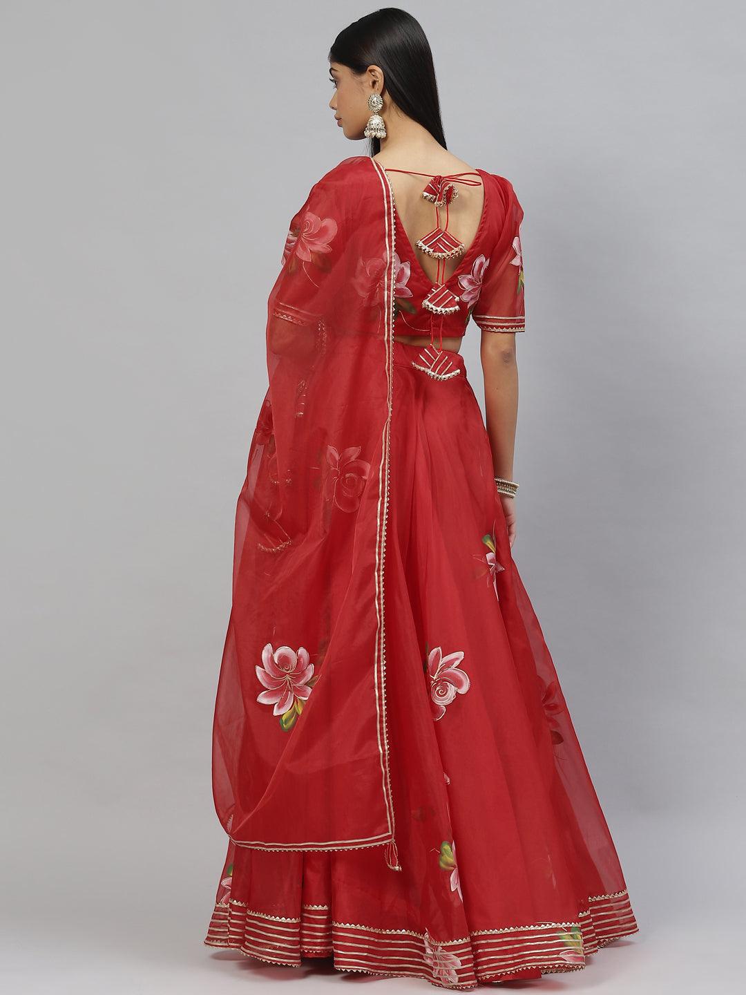 Red Hand Painted Organza Flared Lehenga Choli Set With Organza Dupatta | LASVINI - Redefining Indian Fashion with Elegance